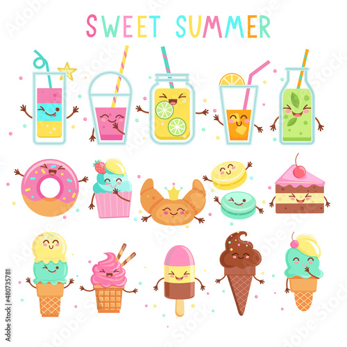 Big set funny sweet food characters.Friendly ice cream,bakery,summer drinks symbols.Hand drawn sundaes,cake,donut,macaroon and cupcake,croissant,smiling lemonade,smoothie,juice for web,design,print.