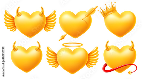 Set of realistic golden hearts with wings, pierced by cupid arrow, decorated by crown, horns and halo. And even with a tail. Hearts of angel and devil concept. Vector illustration EPS10.