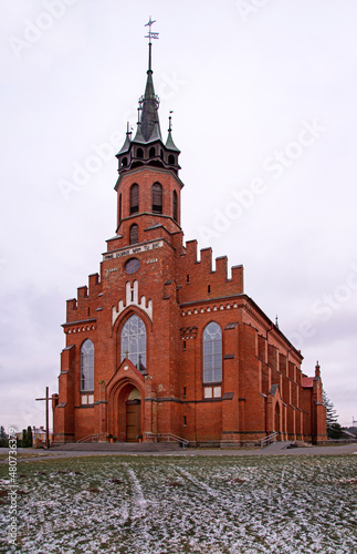 Exterior and interior view of the Neo-Gothic Catholic Church of the Transfiguration of Jesus built in 1907 in the village of Poświętne in Podlasie, Poland.