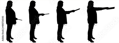 A person gives or takes an object. An office worker holds out something in front of him. Silhouettes isolated on white background. Side view. Business lady in a business suit. Storyboard for animation