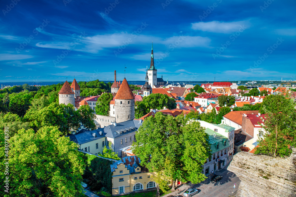 Tallinn old town with walls and buildings, view from Toompea Hill, Estonia.