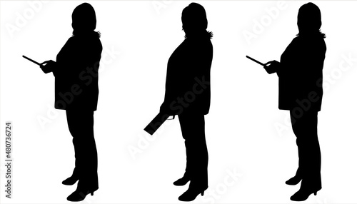 A woman holds a document, a tablet, a gadget in her hands. Side view. Business lady in a business suit with documents. Storyboard for animation. Three black silhouettes isolated on white background. 