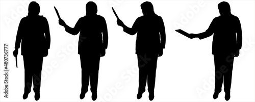 Business lady in a business suit with documents. Storyboard for animation. A woman holds a document, a tablet, a gadget in her hands. Front view, full face. Silhouettes isolated on white background. 