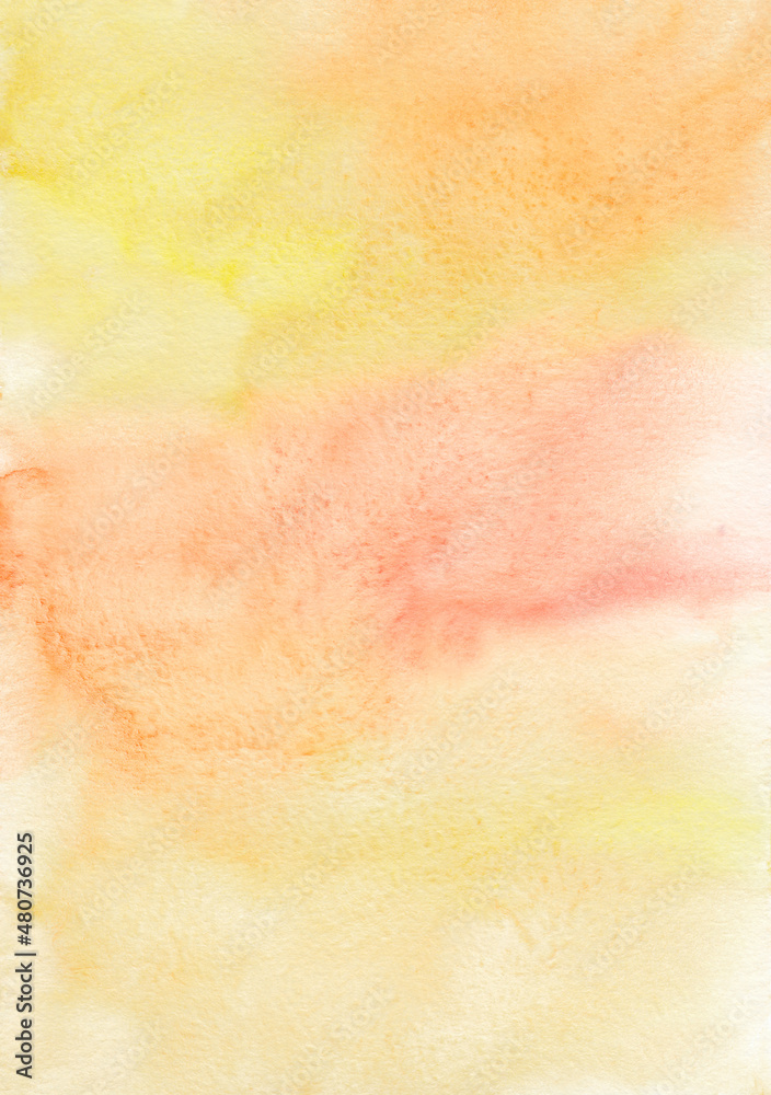 Abstract pastel yellow and orange watercolor background texture, hand painted. Artistic light peach color backdrop, stains on paper. Aquarelle painting wallpaper.