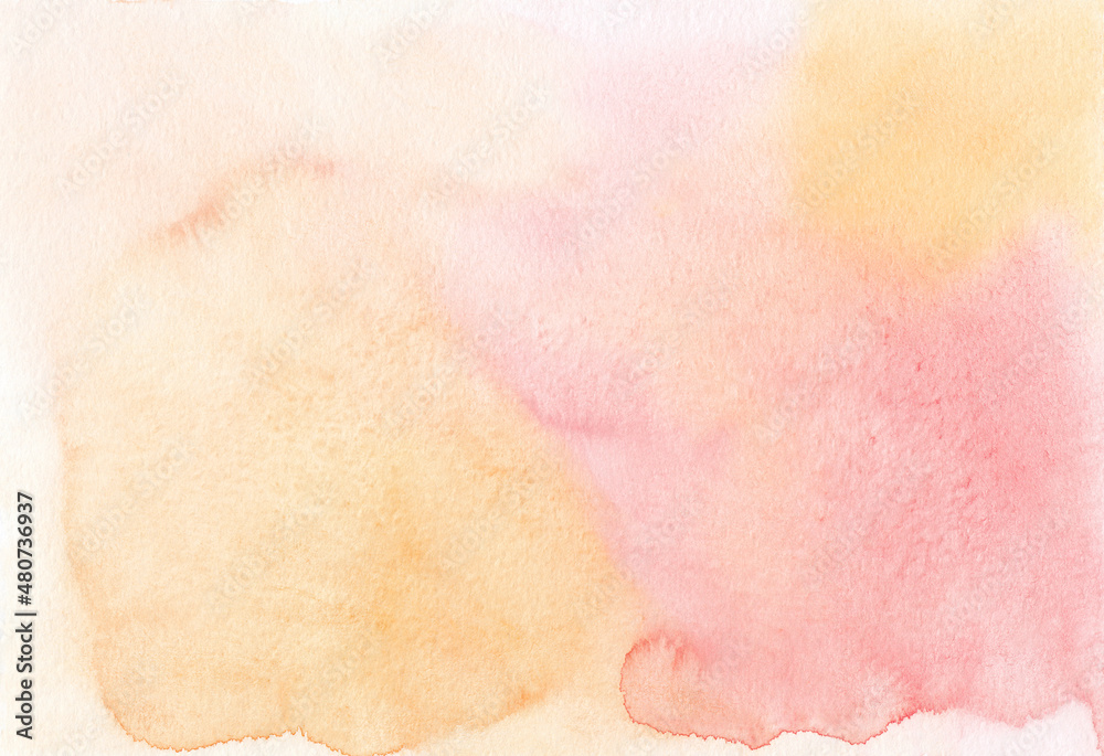 Watercolor gradient pastel orange-pink background texture, hand painted. Aquarelle ombre light peach and rose colors backdrop, stains on paper. Artistic painting wallpaper.
