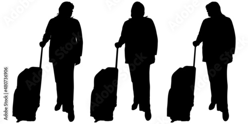 Businesswoman in a business pantsuit stands with luggage. Women with suitcases on wheels stand in one line. Front view, full face. Three black female silhouettes isolated. Business trip. Waiting room.