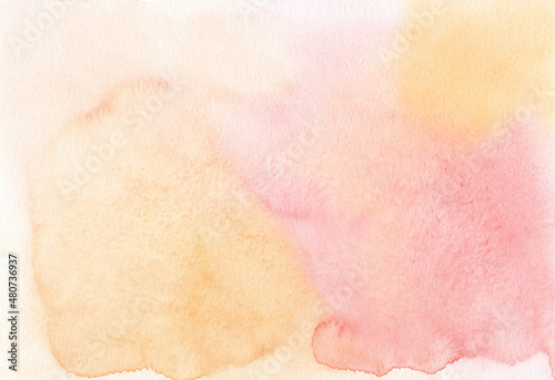 Watercolor gradient pastel orange-pink background texture, hand painted. Aquarelle ombre light peach and rose colors backdrop, stains on paper. Artistic painting wallpaper.