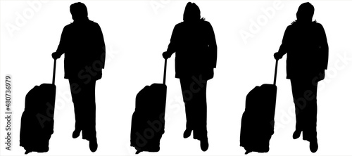 Businesswomen in business trouser suits stand in one line. Woman with a suitcase on wheels. Front view, full face. People in the waiting room. Three black female silhouettes isolated. Business trip.