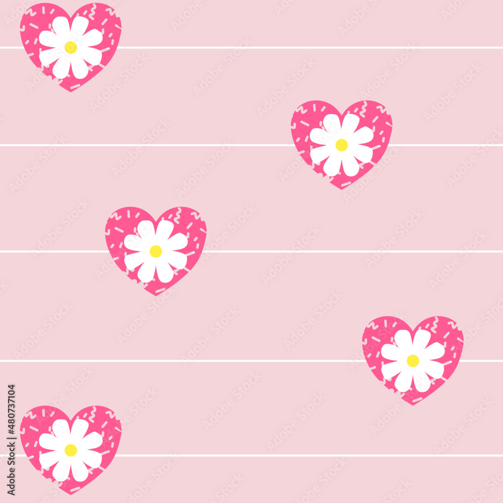 Flower on heart simple white blossom flower blooming in white strip line seamless pattern pink background. Cute design for paper, textile print, page fill. 