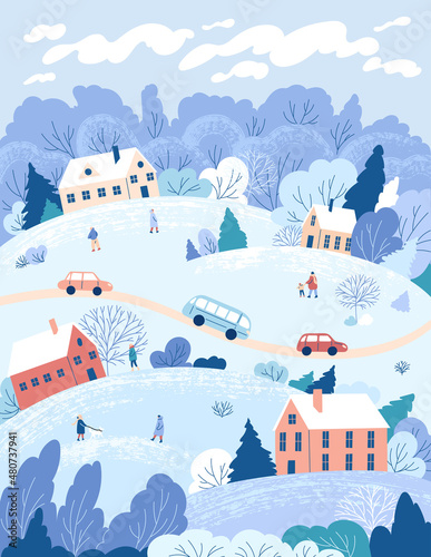 Winter city street cityscape landscape. Vector illustration.