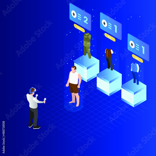 Choosing avatar NFT clothes in metaverse isometric 3d vector concept for banner, website, illustration, landing page, flyer, etc.