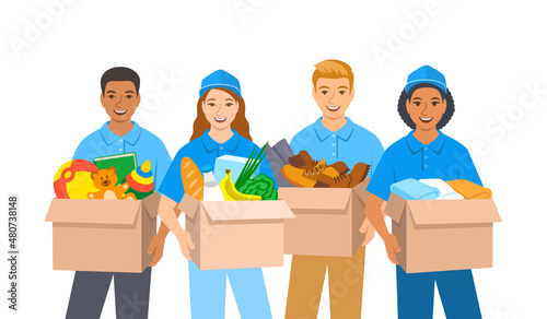 Young volunteers, boys and girls stand and hold boxes with goods for charity such as food, clothes, shoes, toys. Community support for poor people in need. Social care concept. Cartoon illustration