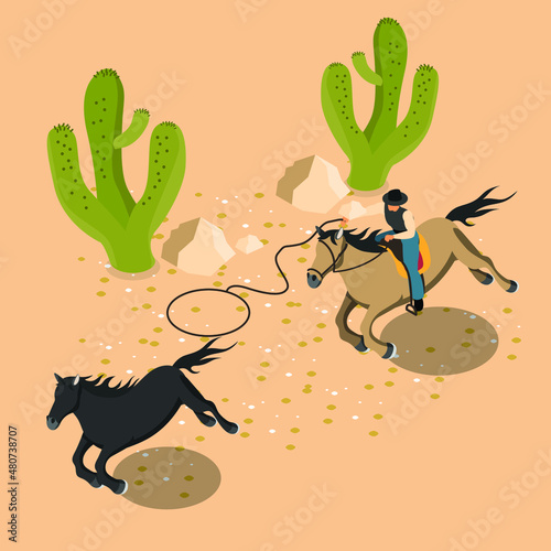 Cowboy catching horse isometric 3d vector concept for banner, website, illustration, landing page, flyer, etc.