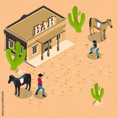 Cowboy duel in the wild west USA isometric 3d vector concept for banner, website, illustration, landing page, flyer, etc.
