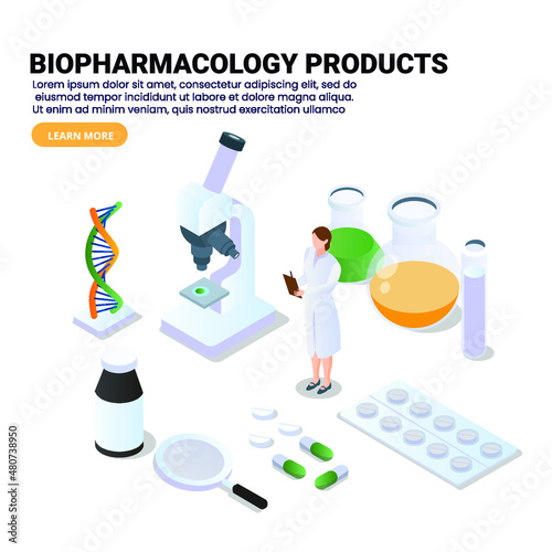 Biopharmacology products isometric 3d vector concept for banner, website, illustration, landing page, flyer, etc. photo