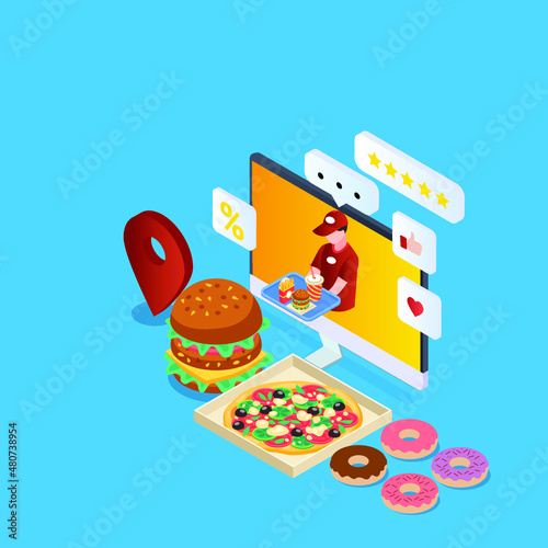 Online food delivery system with review system and promotion isometric 3d vector concept for banner, website, illustration, landing page, flyer, etc.
