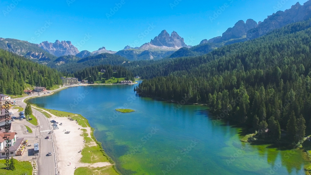 Misurina, Italian Alps. Aerial view of beautiful lake and surrounding mountains on a clear summer day.