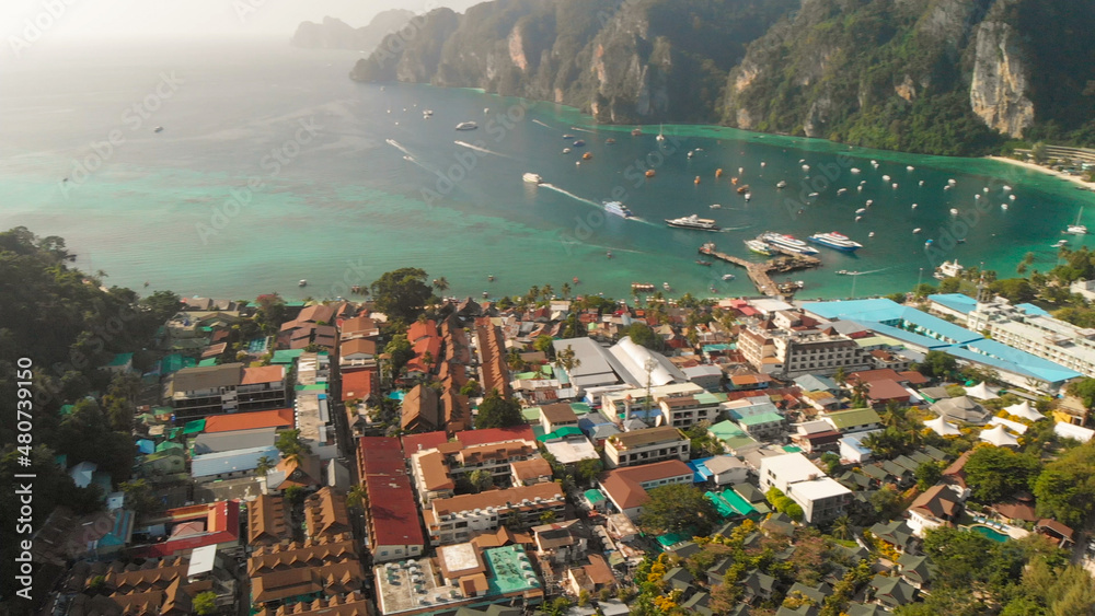 Phi Phi Don, Thailand. Aerial view of Phi Phi Island homes from drone on a sunny day