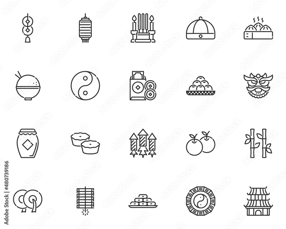 Naklejka premium set of chinese new year line icons, traditional, asian, celebration