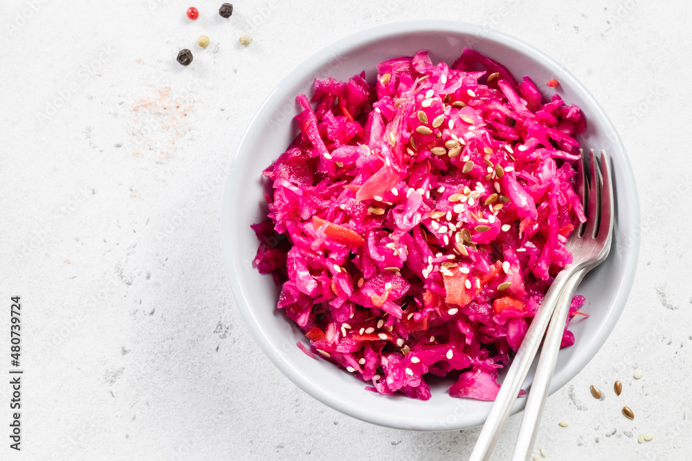 Probiotic salted beetroot cabbage sauerkraut. Top view, copy space. Probiotic salted beetroot cabbage sauerkraut. Top view, copy space.