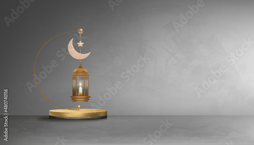 Eid Mubarak greeting card background with Crescent Moon,Star,Traditional islamic lantern on gray cement wall texture background.Vector Backdrop of Muslim Symbolic for Ramadan