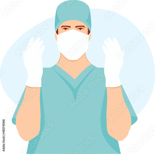 Surgeon wearing blue medical uniform, gloves and mask. Blue background. Flat style. Vector Illustration.