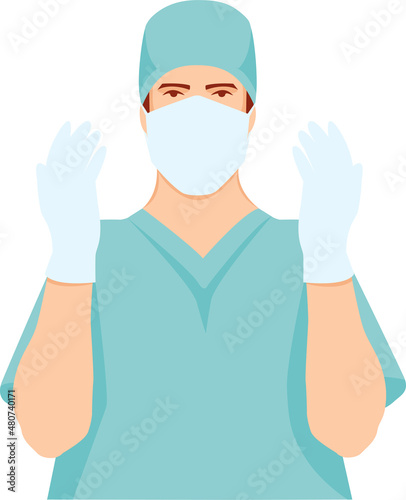 Surgeon wearing blue medical uniform, gloves and mask. Flat style. Vector Illustration.
