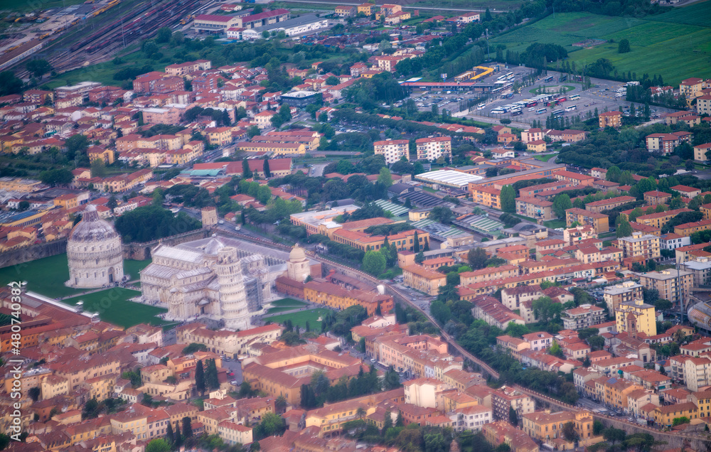Airplane view of Field of Miracles in Pisa. Leaning Tpwer and surrounding buildings in Tuscany.