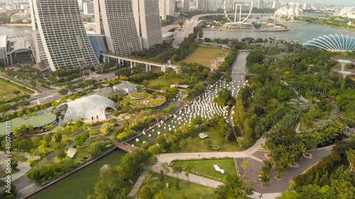 SINGAPORE - JANUARY 3RD, 2020: Drone viewpoint on Marina Bay Sands and city skyline on a sunny afternoon.