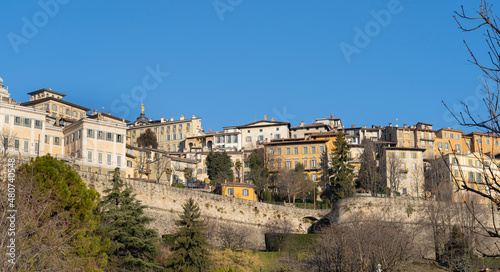 Bergamo, Italy. Amazing landscape at the old town located on the top of the hill. View from the new city (downtown). Bergamo one of the most beautiful city in Italy. Touristic destination