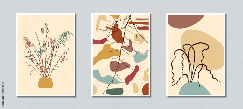 Modern abstract organic shapes and plant arrangements, set of cards or posters. Earthy colors.