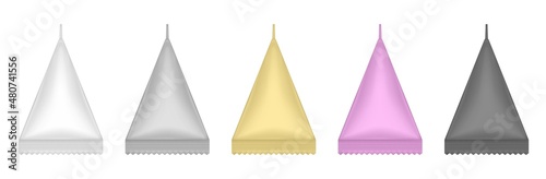 Tetrahedral packaging set. Triangular cardboard package for beverage, juice and milk. Liquid product carton package. Korean cosmetics box. White, silver, gold, pink and black packing.