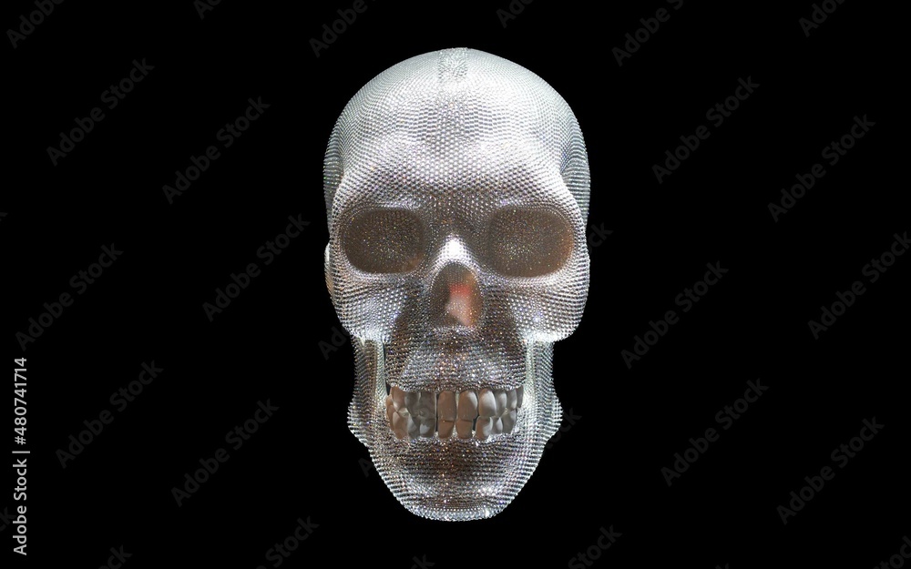 Large Skull made out of Diamonds. Shiny Silver Colored Skull. Decoration. Background Compatible