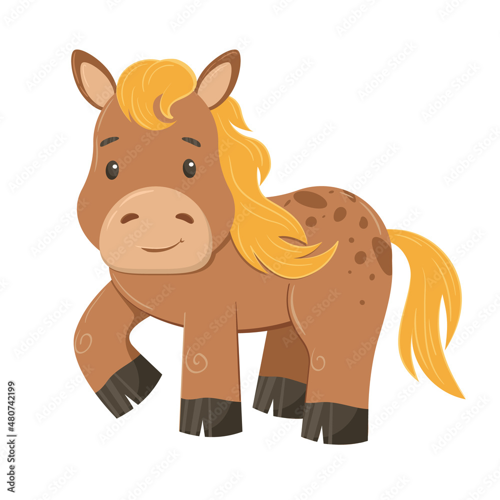 Vector illustration of a cute brown horse in cartoon style, isolated on a white background. Flat style horse, farm animal, farming, equestrian sport Vector illustration of a cute brown horse in cartoon style, isolated on a white background. Flat style horse, farm animal, farming, equestrian sport