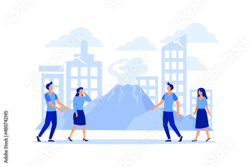 cataclysmic catastrophe in the city, volcanic eruption, people flee flat vector illustration 