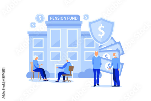 Old People Obtain Saving Money from Pension Fund. Pensioner in Casual Clothes near State Institution. Man Holding Big Banknote above, Granny Talking on Phone, Grandad and Wheelbarrow with Coin. 