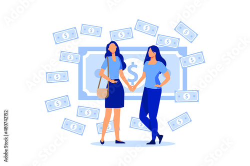 business porters a successful team. The investor holds money in ideas. financing of creative projects. woman and man business handshake flat vector design illustration 