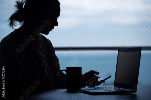 Business concept - Silhouette of a woman using a mobile phone and a laptop in the office with sky and river on background