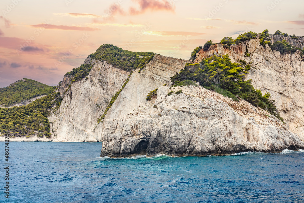 Naklejka premium Keri caves and cliff in Zakynthos, Greece. Ionian sea.