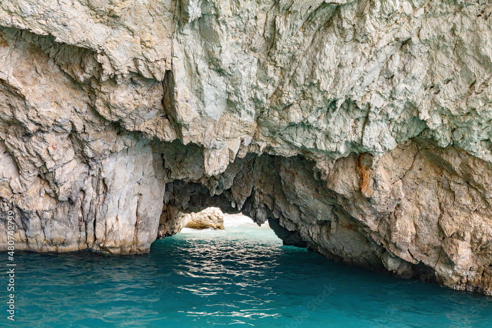 Inside Keri caves and cliff in Zakynthos, Greece. Ionian sea.