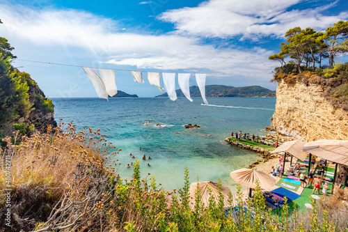 Fototapeta Naklejka Na Ścianę i Meble -  Zakynthos, Greece, Cameo island with white cloth hanging above the beach