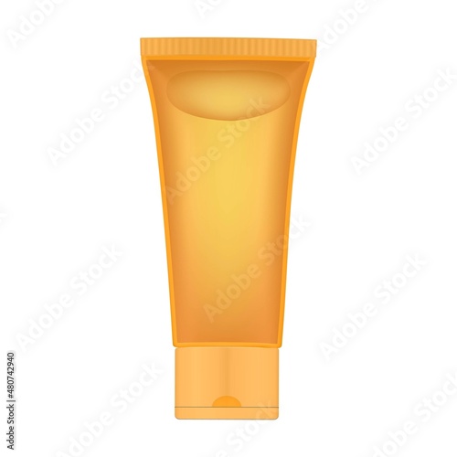 Orange transparent gel tube. Lubricant, lotion. Bubble inside. Moisturizer. Korean cosmetics. Realistic vector illustration. 3d mockup. Citrus shampoo. Micellar cleansing water