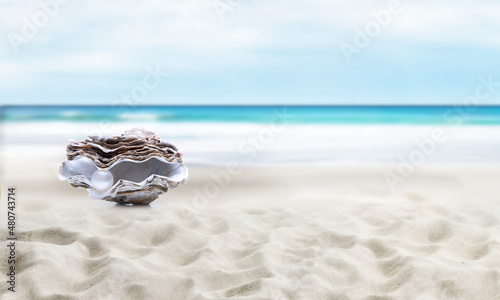 Auster mit Perle am Strand mit Meer im Hintergrund