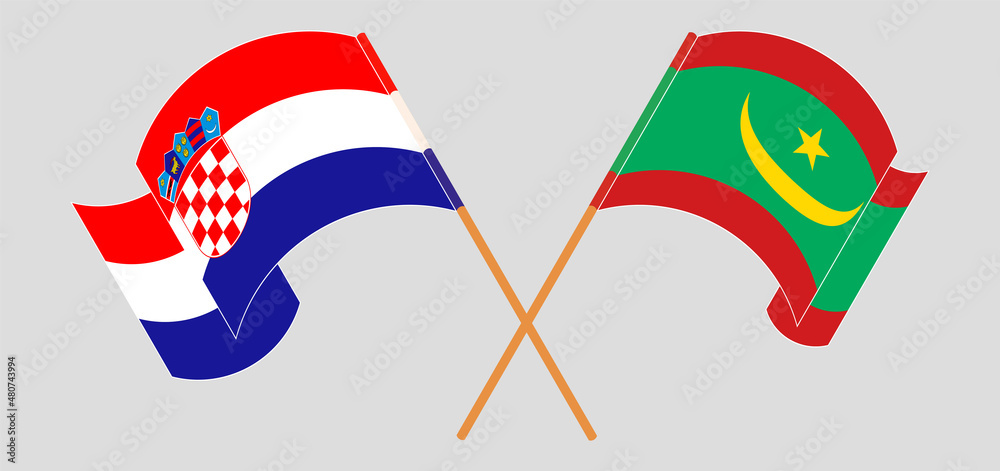 Crossed and waving flags of Croatia and Mauritania Crossed and waving flags of Croatia and Mauritania