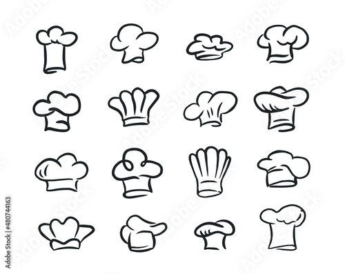 Set of vintage chef and cook hats in doodle stile hand drown