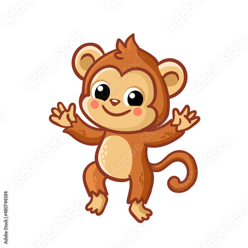 Monkey cub on a white background. Vector illustration with a monkey in cartoon style.