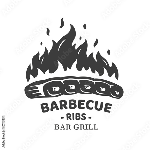 Barbecue logo with ribs and fire isolated on white background. BBQ concept. Vector illustration