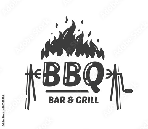 Barbecue grill logo with fire isolated on white background. BBQ concept. Vector illustration