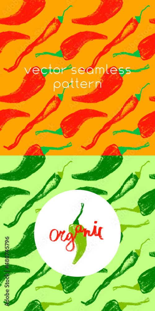 Obraz premium Vector hot pepper pattern seamless. Hand-drawn illustration of hot peppers. Pepper drawings. Homemade vegetables background. Vegan food wallpaper. Red spice backdrop. Vegetarian restaurant banner.