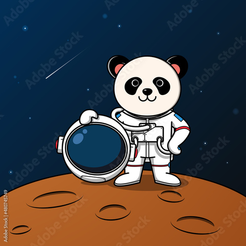 Cute panda astronaut standing on the moon illustration